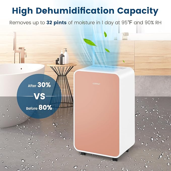 COSTWAY 2500 Sq. Ft Dehumidifier for Basement, 32 Pints Portable Quiet Dehumidifier for Bedroom Bathroom with Sleep Mode, 24H Timer, Auto Shut Off, Auto Defrost & Drain Hose (Pink) - Image 5