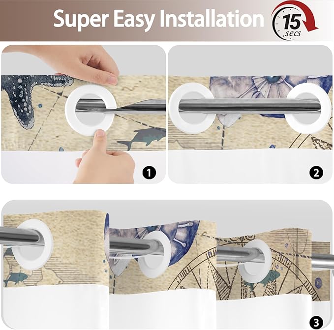 No Hook Shower Curtain with Snap in Liner, Beach Ocean Nautical Coastal Shower Curtains and Liner Set for Bathroom, Seashell Hotel Fabric Bath Curtain, Waterproof Washable, ‌Retro Brown 71" x 74" - Image 6