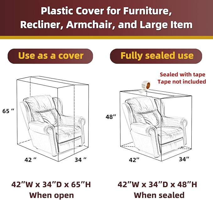 Yotelab Plastic Furniture Cover for Moving, Plastic Chair Covers Protector, Waterproof Couch Cover for Storage, Clear Moving Bags for Recliner Armchair Patio Chair, 42Wx34Dx65H/48H Inches (No Seal) - Image 2