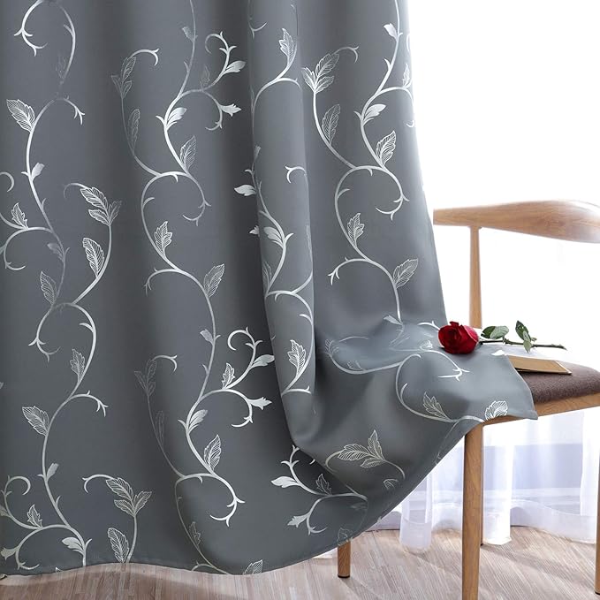 BUHUA Striped Blackout Curtains Grommet Top Wave Vine Pattern Room Darkening Curtains for Patio Door 52Wx84L Light Grey 2 Panels - Image 4