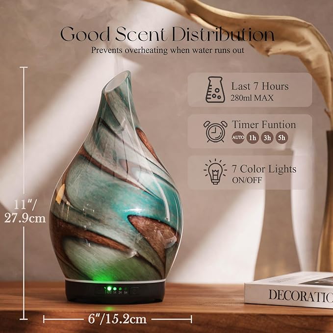 Porseme 280ml Essential Oil Diffuser Glass Color Changing Aroma Air Diffusers Aromatherapy Ultrasonic Cool Mist Humidifier 7 Running Hours Waterless Auto-Off for Sleeping, Yoga, Spa (Teal Green) - Image 3