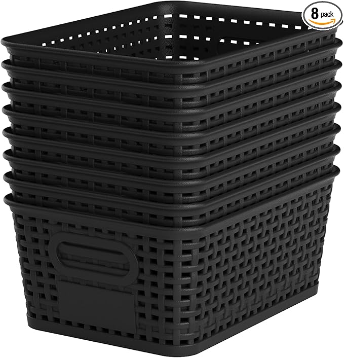 Black Plastic Storage Baskets - Pack of 8 with Labels Stackable Durable Storage Bins, Storage Containers for Organizing Desktops, Closets, Playrooms, Classrooms, Offices by WRRLORS