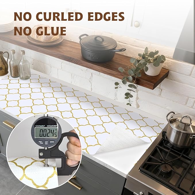 Shelf Liners for Kitchen Cabinets 12in x 30FT Non Adhesive Drawer Liner Gold Quatrefoil Thickened Shelf Liner Paper Strong Non-Slip Easy to Clean for Tool Box Refrigerator with Knife and Tape Measure - Image 8