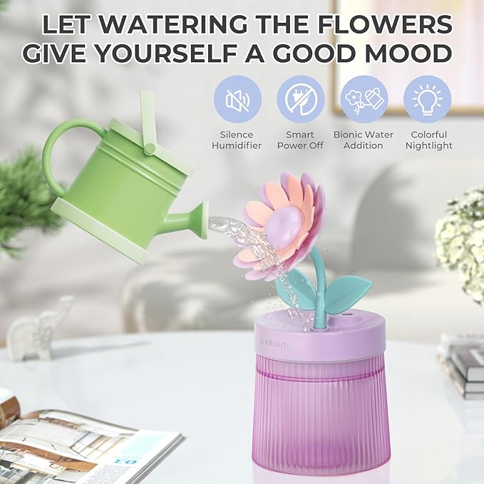 Sunflower Small Humidifier for Plant, Cool Mist Mini Humidifiers for Bedroom, Desk Personal Humidifiers with Diffuser for Indoor Office Car, Portable Humidifier for Travel - Purple 260ml - Image 3