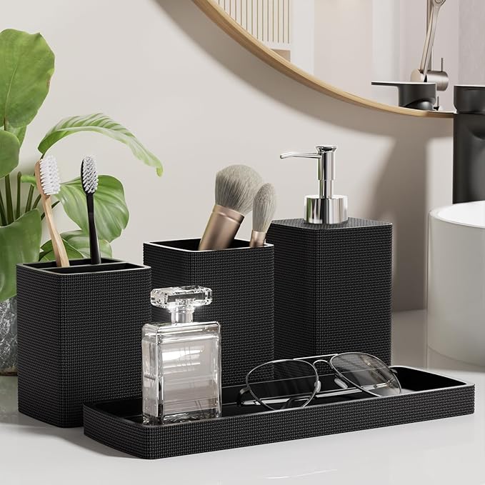 Resin Black Bathroom Sets, Black Bathroom Accessories Set with Shower Curtain, Bath Towel Set, Natural Loofah Sponge, Soap Dispenser, Toothbrush Holder, Bathroom Tumbler and Tray for Countertop - Image 7