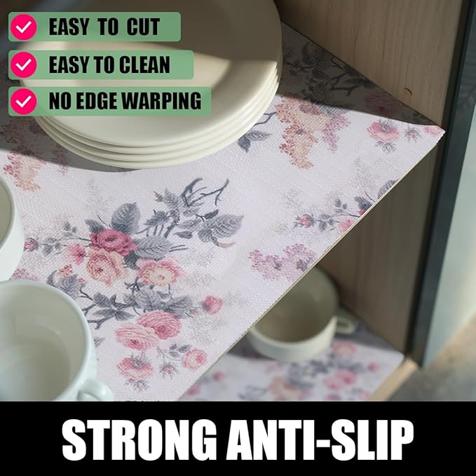 Drawer and Shelf Liner for Cabinets, Non-Adhesive and Strong Non-Slip Vintage Floral Shelf Cabinet Drawer Liners for Kitchen,Table,Bookshelves,Waterproof Cupboard Liners,12IN x 10FT - Image 2