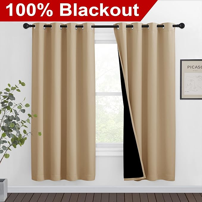 NICETOWN Living Room Completely Shaded Draperies, Privacy Protection & Noise Reducing Black Lined Insulated Window Treatment Curtain Panels for Patio Door (Set of 2 Pcs, W46 x L72, Biscotti Beige) - Image 2