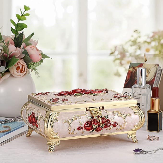 Hipiwe Metal Decorative Jewelry Box Vintage Treasure Chest Case Ornate Trinket Organizer Earrings Necklace Bracelet Storage Box Ring Holder Keepsake Box for Women - Image 4