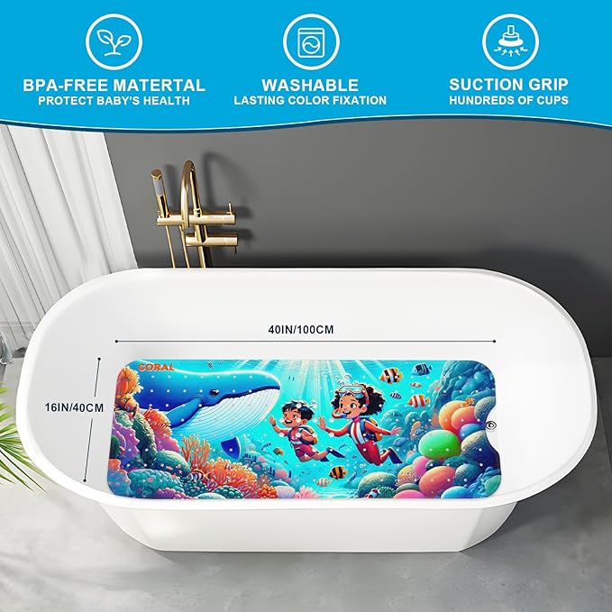 XIYUNTE Baby Bath Mat for Tub Non Slip Kids Bath Mat - 40''x16'' Extra Long Cartoon Coral Baby Bath Tub Mat Eco-Friendly Toddler Bath Mats with Suction Cups & Drain Holes Easy to Clean & Easy Drying - Image 2