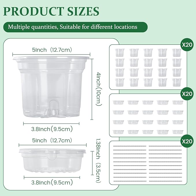 20 Pack 5 Inch Clear Self Watering Plant Pots with Bottom Water Tray & Watering Rope, Transparent Nursery Pots with Drainage for Seedlings, Herbs, and Houseplants - Image 2