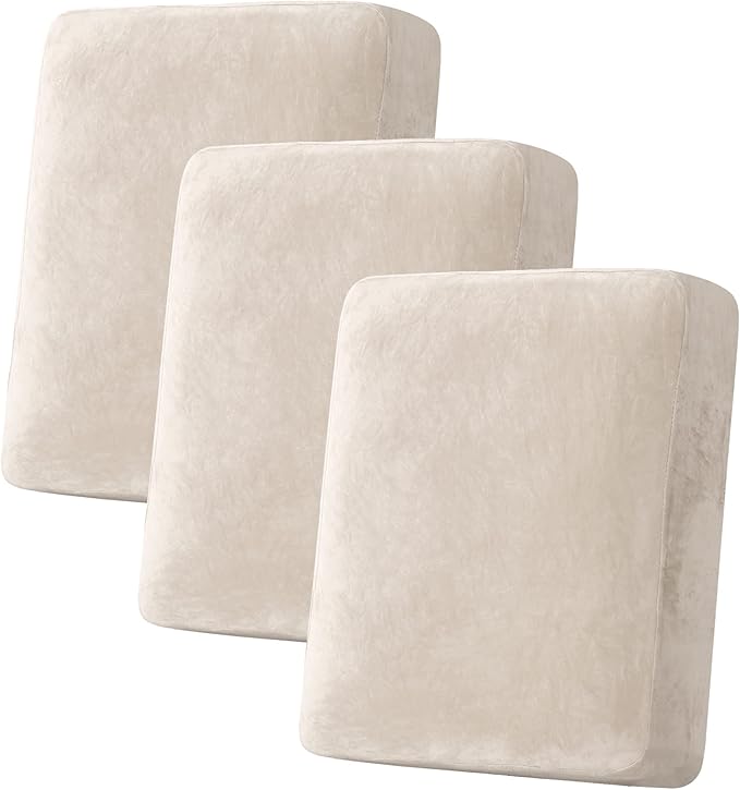 H.VERSAILTEX Velvet Stretch Couch Cushion Cover Plush Cushion Slipcover for Chair Loveseat Sofa Cushion Furniture Protector Seat Cushion Sofa Cover (3 Piece Sofa Cushion Covers, Ivory) by HVERSAILTEX