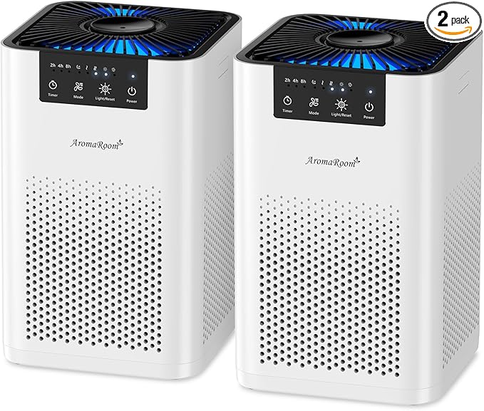 AromaRoom Air Purifiers for Bedroom, Hepa Air Purifiers for Home Pet Pee Smell with Aromatherapy, Quiet 360° Airflow Air Cleaner 3-in-1 Filter for Office, Dorm, Apartment, Kitchen, AP102-White, 2Packs by AromaRoom