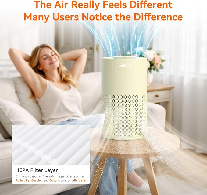 AIRROMI Air Purifier for Bedroom with HEPA Fet Filters, Pet Air Purifiers for Home Cat Pee Smell, Covers Up to 990Ft², Quiet 360° intake Air Cleaner for Allergies Dust Smoke Odor A2001 Yellow - Image 8