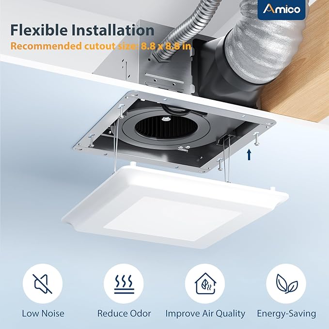 Amico Bathroom Exhaust Fan with Light, 80 CFM, 0.9 Sones, 5CCT, Easy Retrofit without Attic Access, Adjustable Bathroom Fan with light, Quiet Operation, ETL & FCC Certified - Image 7