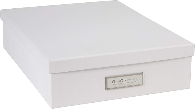 Bigso Oskar Fiberboard Label Frame Document Letter Box - File Organizer Box for Important Paperwork - Durable Document Storage with a Lid & Metal Label Window - 3.3 in x 10.2 in x 13.8 in - White by Bigso