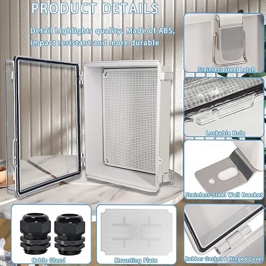 Zulkit Junction Box,IP67 Waterproof Electrical Box Hinged Clear Cover Stainless Steel Buckle Plastic Enclosure for Project w Mounting Plate Wall Bracket and 2 Cable Gland 15"x11"x5.1"/380x280x130mm - Image 4