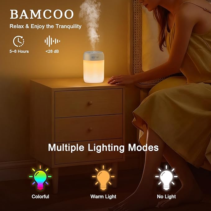 Portable Small Humidifier, 650ml Colorful Mini Humidifier for Bedroom, Office Desktop, Baby Room, Plants, Cool Mist Humidifiers(Light Gray) - Image 3