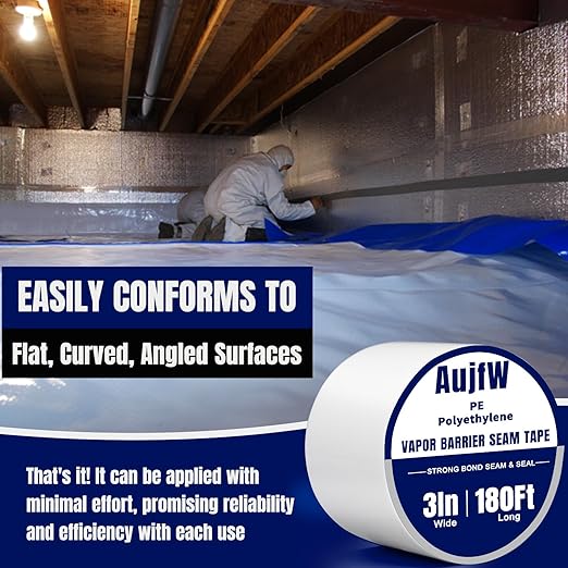 Vapor Barrier Tape, 3" Wide x 180' Long, 6 Roll, Polyethylene Tape, for Moisture Barriers and Crawl Spaces, Waterproof Seal and Seam Tape for Underlayment, Insulation and Plastic Liners - Image 6