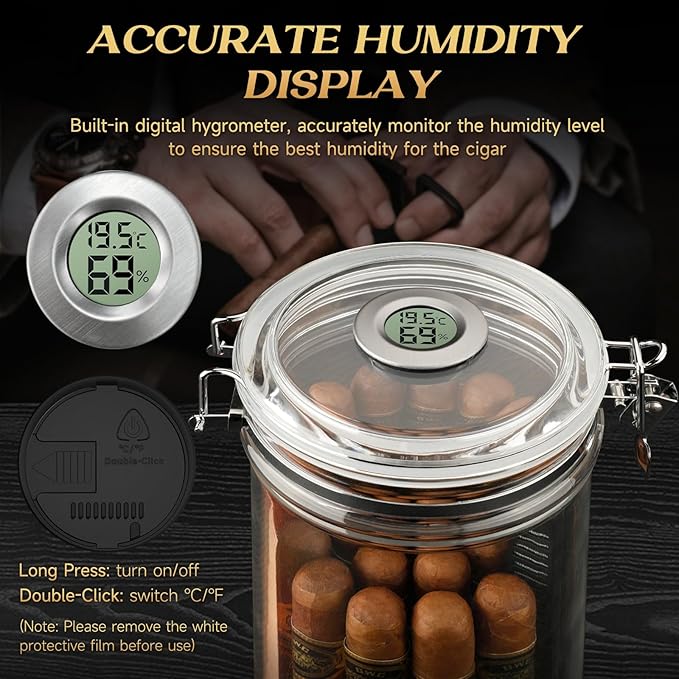 XIFEI Acrylic Humidor Jar with Digital Hygrometer, Tall Design Storage Case Fits Long Cigar, Humidifier & Spanish Cedar Wood Veneer, Portable Travel Humidor for 15-20 Cigars - Image 4