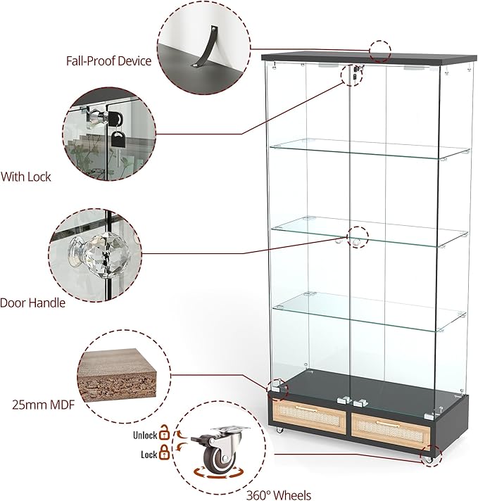 Yoluckea 4 Tier Glass Display Cabinet with LED Lighting and 2 Drawers, 2 Doors Floor Standing Curio Cabinet with Wheel for Home, Office, Corner Display, Black Glass Bookshelf for Collections and Decor - Image 5