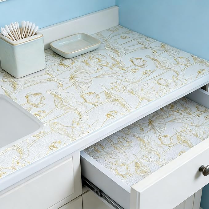 Shelf Liners Non Adhesive Light Base Gold Lotus Pattern - Thickened Non-Slip Easy to Clean Drawer Liner for Kitchen Cabinets, Tool Box, Refrigerator, with Knife & Tape Measure, 12in x 10FT - Image 2