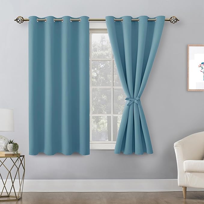 Hiasan Blackout Curtains for Bedroom, 52 x 54 Inches Long - Thermal Insulated & Light Blocking Window Curtains for Living Room, 2 Drape Panels Sewn with Tiebacks, Stone Blue - Image 2