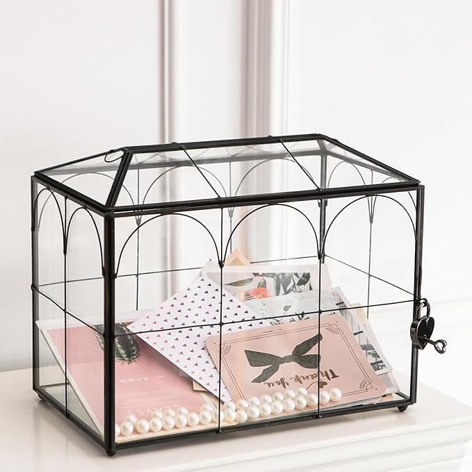 Wedding Card Box with Slot, 10.2'' Large Glass Card Boxes for Reception, Black Geometric Holder, Clear Decorative Storage Box with Lock for Baby Shower, Birthday Party, Christmas, Bridal Shower by Giadun