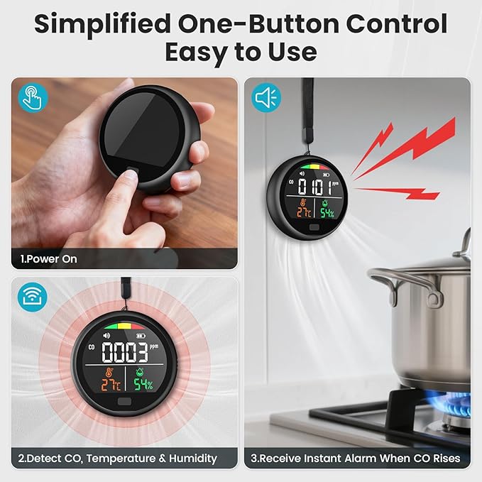 Portable Carbon Monoxide Detector for Travel - 3-in-1 Rechargeable CO Monitor with Temp & Humidity Sensor, Loud Audible & Visual Alarm, 220H Standby CO Detector for Hotel, Camping, Car, RV & Home - Image 7