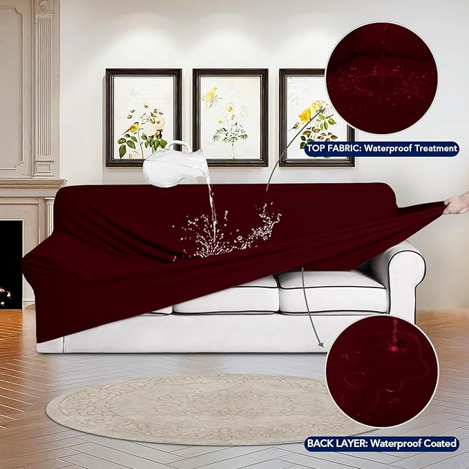 PureFit 100% Dual Waterproof Couch Cover Slipcovers for Couches and Sofas - Stretch Non Slip Fleece Sofa Covers Washable, Leakproof Furniture Protector for Kids, Pets, Dog (Loveseat, Wine) - Image 3