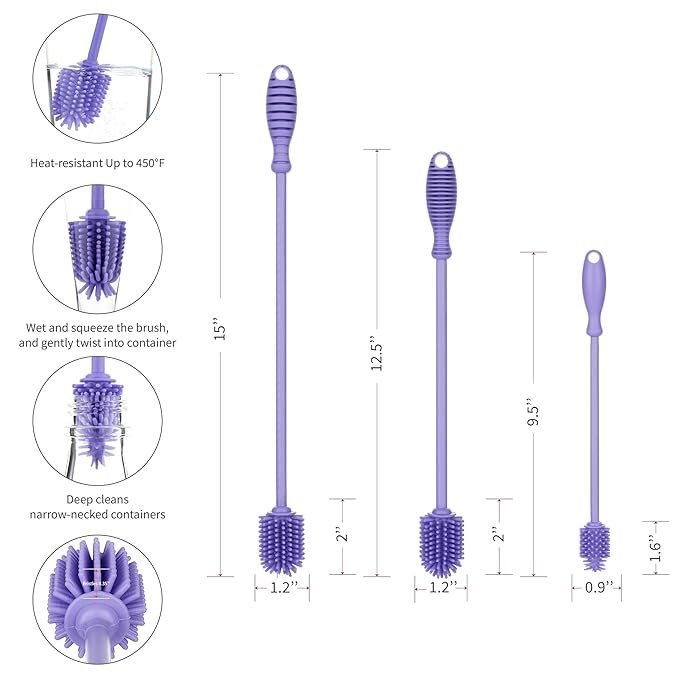 A-Brush Silicone Bottle Cleaner Brush, 3 Piece Set, Long Handle - Water Bottle Cleaner, Baby Bottle Nipple Brush for Plastic & Glass, BPA-Free Dish Washing Brush A2S Protection - Image 2