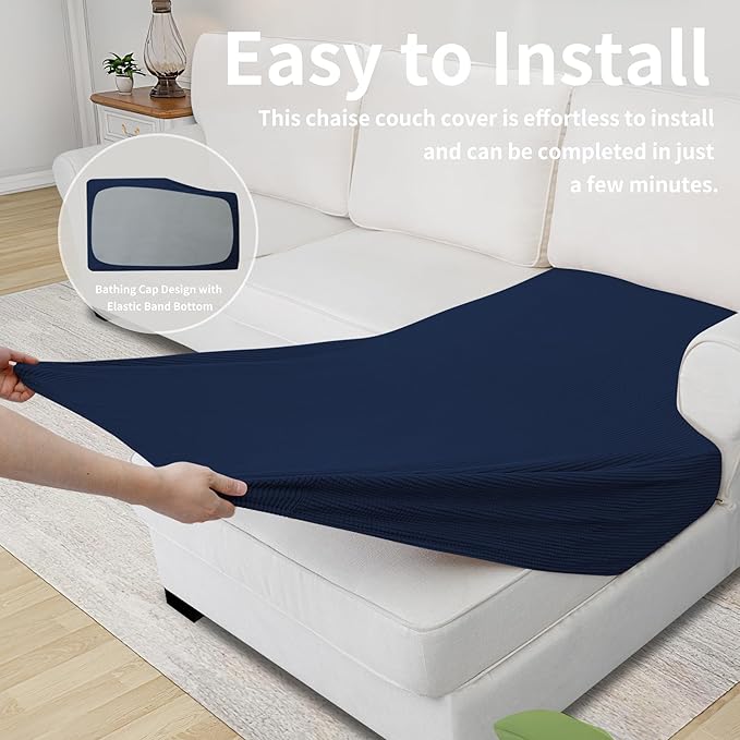 Easy-Going Stretch Sectional Couch Covers 1 Piece Chaise Lounge Slipcover L Shape Separate Cushion Couch Seat Chaise Cover for Both Left/Right Sectional Couch Navy - Image 6