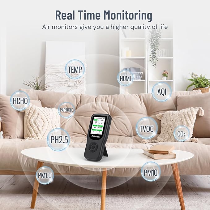 LifeBasis Air Quality Monitor Indoor, 11-in-1 Air Quality Detector with Stand, Real-Time Air Meter Test AQI, PM1.0, PM2.5, PM10, CO2, TVOC, HCHO, Particles, Temperature and Humidity, Dual Alert -Black - Image 4