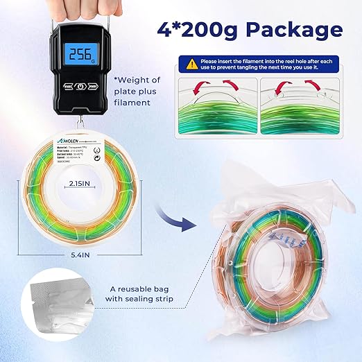 AMOLEN TPU 3D Printer Filament Bundle, Transparent Multicolor Rainbow TPU 1.75mm, Color Change Flexible Soft TPU 3D Printing Filament Supports High Speed, 200gX4 Spools - Image 7