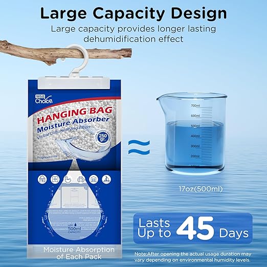 W&E Choice Moisture Absorbers Hanging Bag for Your Closet, Dehumidifier Bags for Bathroom, Fragrance Free Humidity Packs, 6 Pack - Image 9