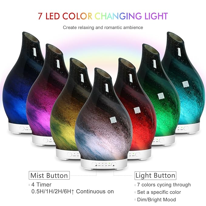Aromatherapy Diffuser Essential Oil Diffuser - Glass Diffuser Ultrasonic Cool Mist Aroma Diffuser 150ml Scented Oil Diffuser with Auto-Off Protection & 7 Colors Night Light for Home Office Decor&Gift - Image 2