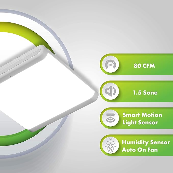 Homewerks 7146-80-MS Bathroom Fan Integrated Dimmable LED Light Humidity Sensor Exhaust Ventilation 1.5 Sones 80 CFM, Smart Motion White - Image 3