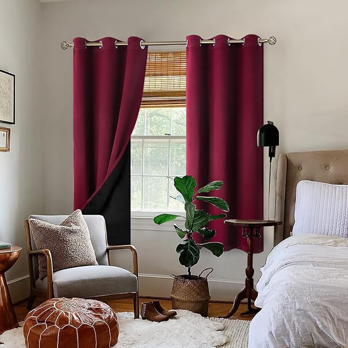 BGment Thermal Insulated 100% Blackout Curtains for Bedroom with Black Liner, Double Layer Full Room Darkening Noise Reducing Grommet Curtain (42 x 63 Inch, Burgundy Red, 2 Panels) - Image 2