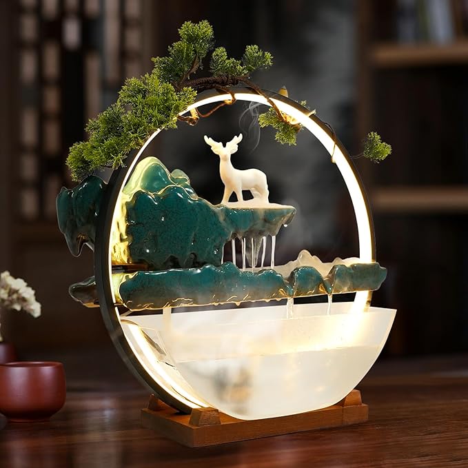 Tabletop Decoration Water Fountains Indoor Waterfall Fountains Humidifie with LED Light and Atomizer, Japanese Zen Decor for Meditation Fake Plants Bonsai Gift Feng Shui Decor - Image 9