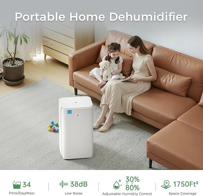 Ukoke 32 Pint Dehumidifier for 1750 Sq. Ft – Energy Star Most Efficient, Auto Drain, 3 Smart Modes, Quiet Operation, Portable Moisture Remover for Medium Rooms, Basements, Bedrooms, RVs - Image 3