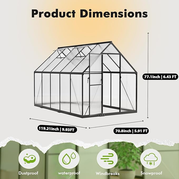 6×10FT Greenhouse for Outdoors, Walk-in Greenhouse and Winter Garden Planting, Polycarbonate Greenhouse with Electronic Thermometers, Withstands Strong Wind or Snow to Protect Vegetable or Plants - Image 8