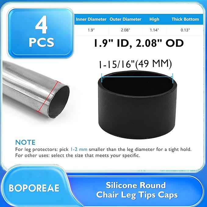 4 Pcs 1-15/16"(49 mm) Round Chair Leg Tips Caps, Silicone Rubber Furniture Leg Floor Protectors, Reduce Noise Folding Metal Chair Leg Cap Replacement for Bar Stool Leg Patio Indoor, Black - Image 9