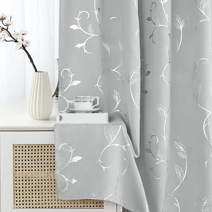 BUHUA Blackout Curtains Silver Foil Print Flower Vine Grommet Drapes, Room Darkening Thermal Insulated Curtains, Noise Reducing Curtain for Bedroom, Silver Grey, 66Wx72L, 2 Panels - Image 3