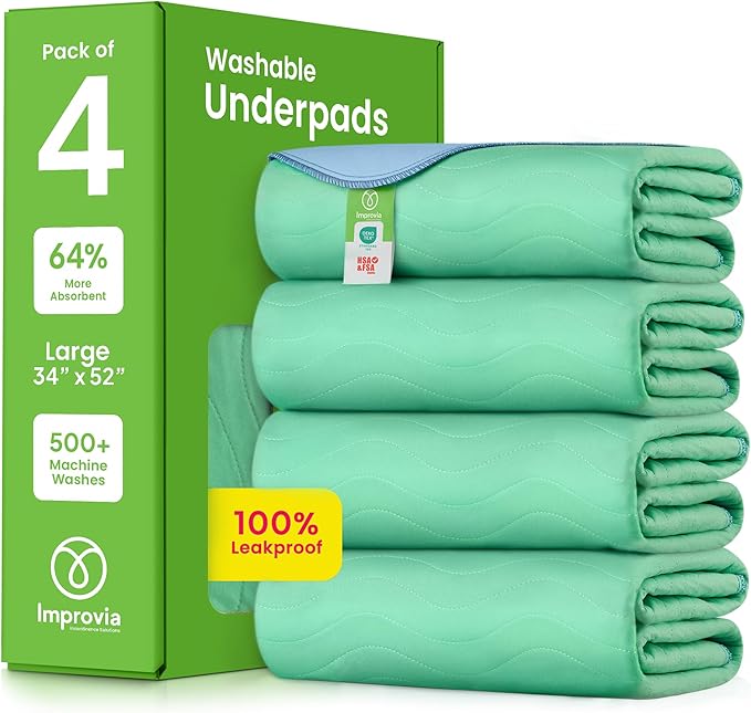 IMPROVIA® Washable Underpads, 34" x 52" (Pack of 4) - Heavy Absorbency Reusable Incontinence Pads for Kids, Adults, Elderly, and Pets - Waterproof Protective Pad for Bed, Couch, Sofa, Furniture, Floor by IMPROVIA