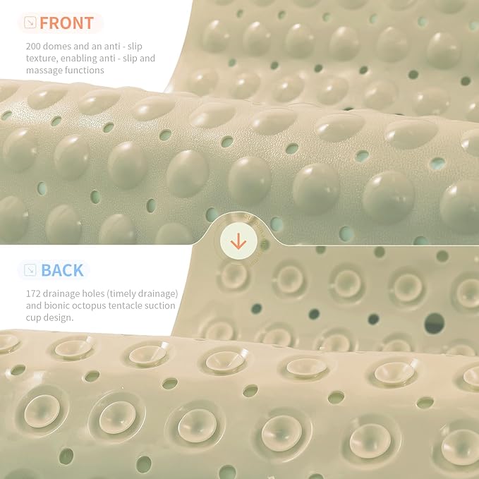 Anti-Slip Bathtub Shower mat, 39.3×15.7 inch（Approximately 100 × 40cm） Soft Oversized Machine Washable Non-Slip Bathtub mat with Drainage Holes, Bathroom Floor Suction Cup.（1-Opaque Khaki） - Image 2