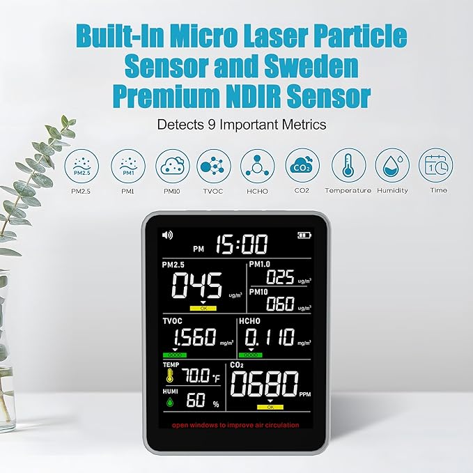 XOOPON 13-in-1 Indoor Air Quality Monitor with PM1.0/2.5/10, CO2, HCHO, TVOC, Temp, Humidity & Time, 4 Alarm Modes, Portable Air Quality Tester for Home, Office, Car, Wall-Mount or Desktop Use - Image 2