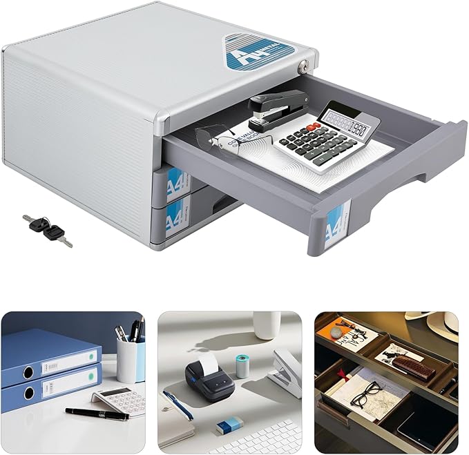 3 Tier Desktop Drawer Organizer, 3 Drawers Aluminum Alloy File Organizer, Drawers Built in Letter Tray and Slot Document Storage Box with Key for Offices School - Image 8