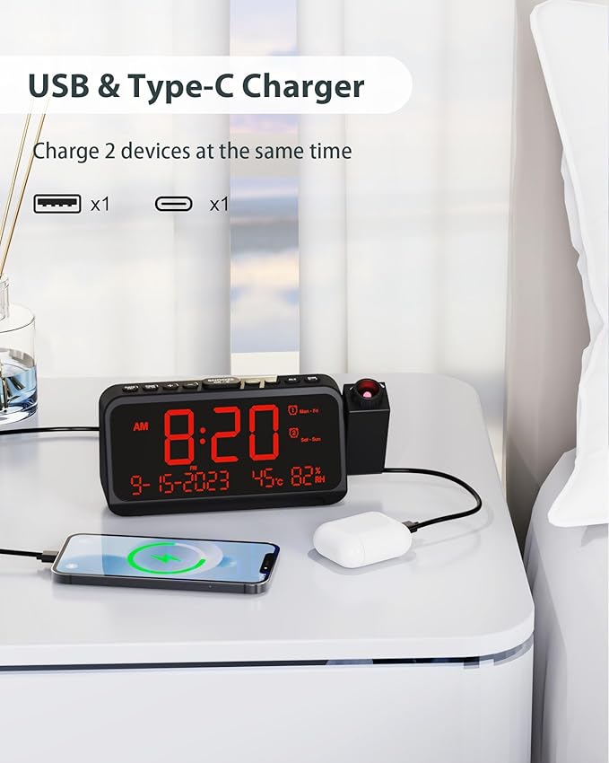 Roxicosly Projection Alarm Clock for Bedroom Ceiling, 118 dB Super Loud for Heavy Sleepers, 6.7" Large Digital Dimmable Display with Day Date Indoor Temp Humidity, Dual Alarms Adjustable Volume - Image 7