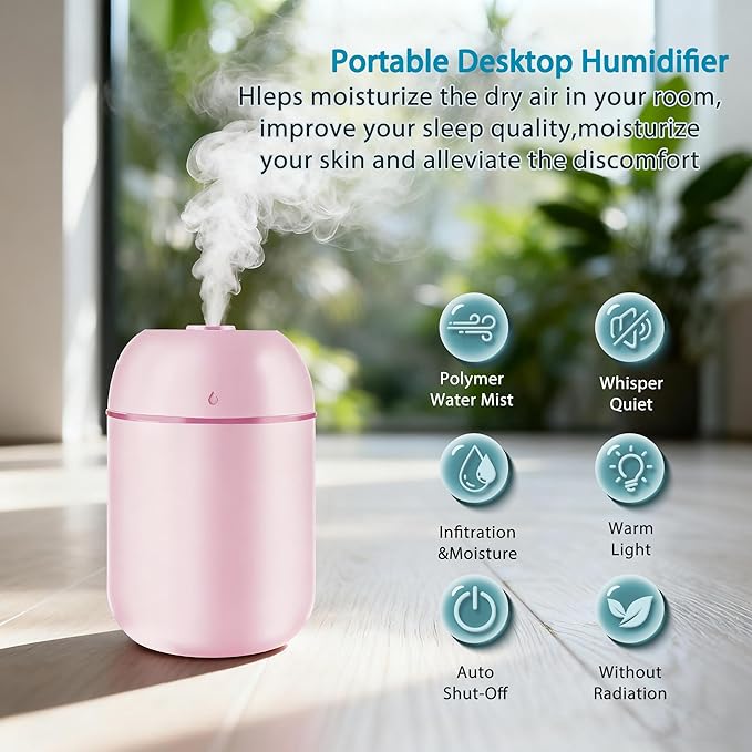 3 Pcs 330ml Small Cool Mist Humidifiers for Bedroom Indoor,Personal Mini Air Humidifier Easy Clean for Plants,Vaporizer for Congestion Portable,Desk Humidifiers for Office Bedside Nightstand Home - Image 3