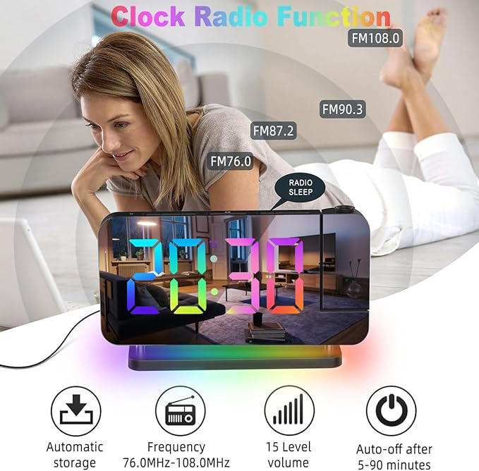 Projection Alarm Clock for Bedroom Ceiling,RGB Digital Clocks Radio with 10 Colors RGB Night Light,Loud Alarm Clock for Heavy Sleepers,USB C Charger Port,Snooze,12/24H,Auto Dimming - Image 3