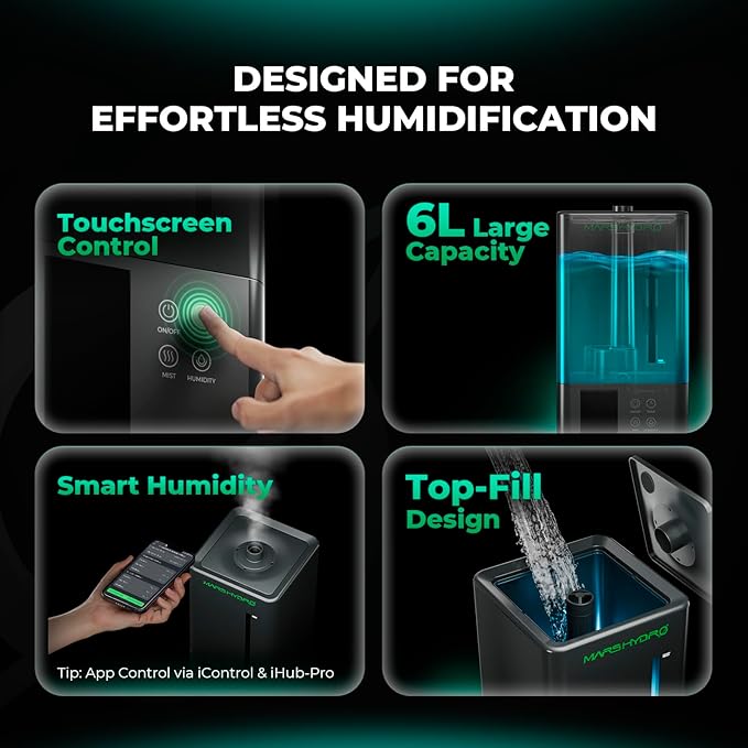 MARS HYDRO 2026 New Plant Humidifier 6L,with Adjustable Humidity,Timer Function,Ultrasonic Precise and Silent Operation,No-Leak Seal for Grow Tent,Indoor Planting,Greenhouse - Image 7